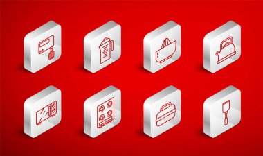 Spatula, Teapot, Citrus meyve sıkacağı, saplı kettle, pişirme, elektrik karıştırıcı, gaz sobası ve mikrodalga fırın ikonu. Vektör