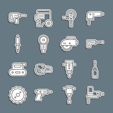 Elektrik testeresi, tornavida, döner çekiç matkabı, açılı öğütücü, lehim makinesi ve dairesel ikon. Vektör