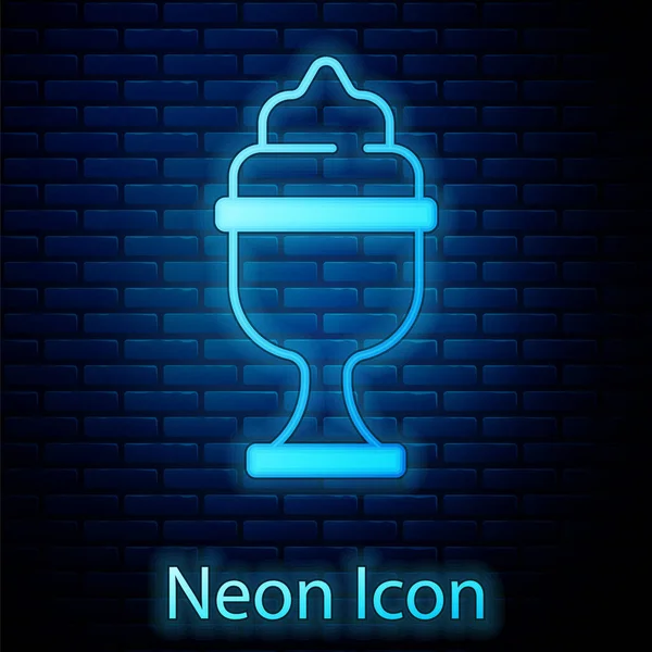 Ragyogó Neon Jégkrém Tálban Ikon Elszigetelt Téglafal Háttér Édes Szimbólum — Stock Vector