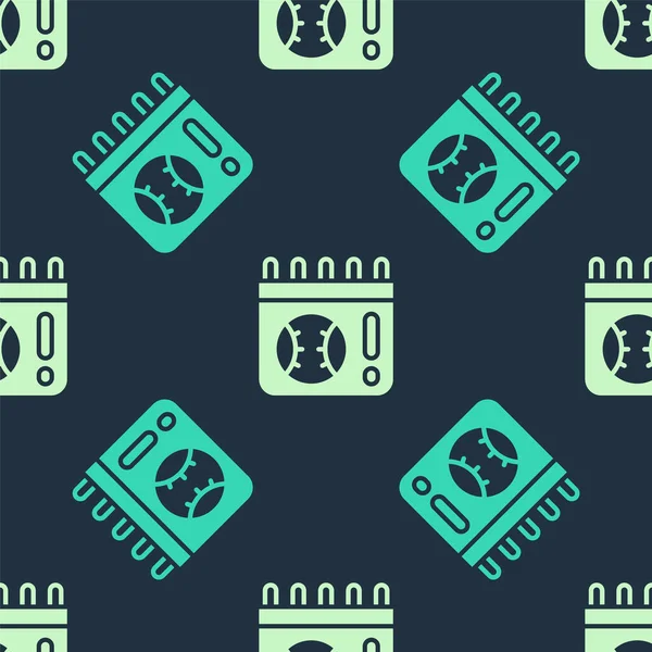 Beyzbol oyun ikonuna sahip yeşil ve bej takvim mavi arkaplandaki kusursuz deseni izole etti. Maç günü. Vektör