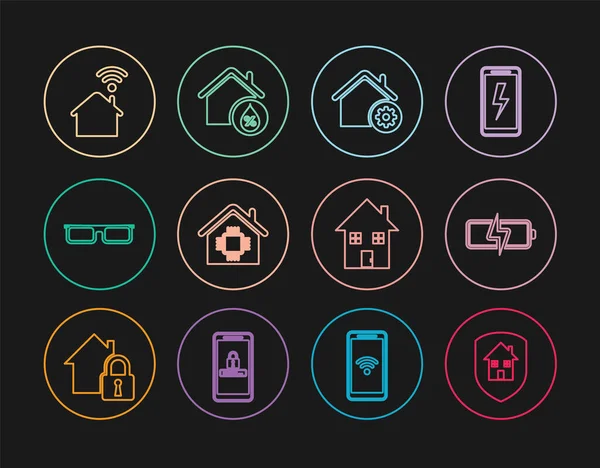 stock vector Set line House under protection, Battery, Smart home settings, Glasses, with wi-fi,  and humidity icon. Vector