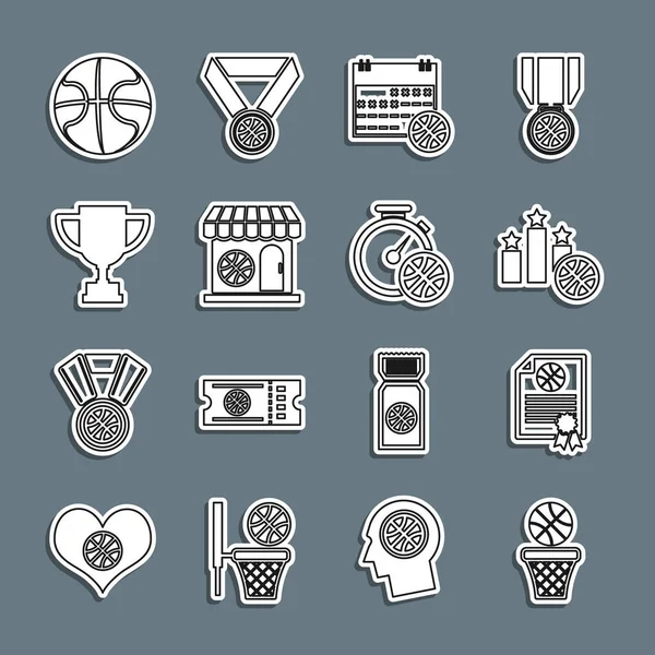 stock vector Set line Basketball ball and basket, Certificate basketball award, Sports winner podium, on sport calendar, shop, Award cup,  and Stopwatch with icon. Vector