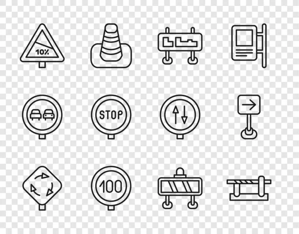 Set line Roundabout traffic sign, Parking car barrier, Road, Speed limit, Steep ascent and descent road, Stop,  and Traffic turn right icon. Vector