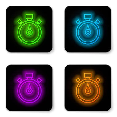 Parlayan neon hattı Stopwatch simgesi beyaz arkaplanda izole edildi. Zaman göstergesi. Kronometre işareti. Siyah kare düğme. Vektör.