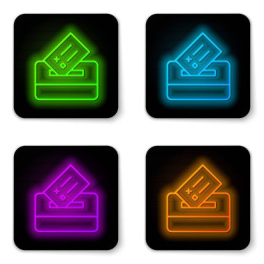 Parlayan neon hattı oy sandığı veya beyaz arkaplanda izole edilmiş zarf simgesi olan oy sandığı. Siyah kare düğme. Vektör.