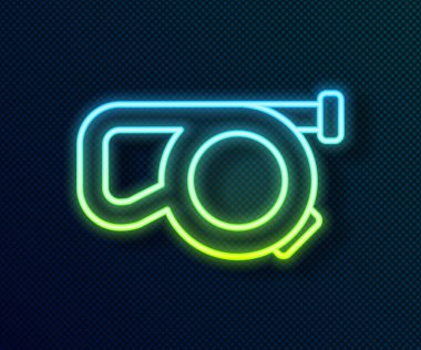 Siyah arkaplanda karabina simgesi izole edilmiş parlak neon çizgili geri çekilebilir ip tasması. Evcil köpek liderliği. Açık hava yürüyüşü için hayvan aksesuarı. Vektör