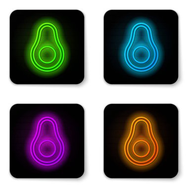 Parlayan neon çizgisi Avokado meyve simgesi beyaz arkaplanda izole edildi. Siyah kare düğme. Vektör