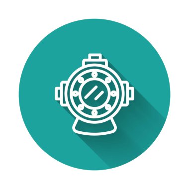 Beyaz çizgi Aqualung simgesi uzun gölge arkaplanı ile izole edildi. Dalış kaskı. Su altı ekipmanları. Yeşil daire düğmesi. Vektör