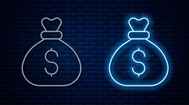 Parlayan neon hattı Para Çantası simgesi tuğla duvar arkasında izole edildi. Dolar ya da USD sembolü. Nakit bankacılık tabelası. Vektör