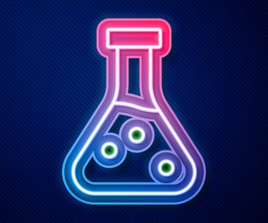 Parlayan neon hattı test tüpü ve mavi arka planda izole edilmiş kimyasal test ikonu. Laboratuvar cam levhası. Vektör
