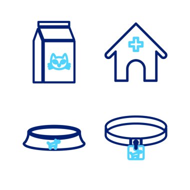 Köpek tasması, evcil hayvan kasesi, veteriner tıp hastanesi ve kedi ikonu torbası. Vektör