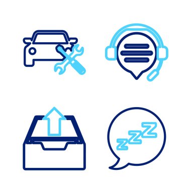 Konuşma baloncuğunu horlama, gelen kutusunu yükleme, kulaklık konuşma ve araba servisi simgesini ayarla. Vektör