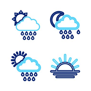 Gün batımı, bulutlu yağmur ve güneş, ay ve ikon. Vektör