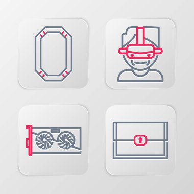 Oyun için Chest 'i, Video grafik kartını, sanal gerçeklik gözlüklerini ve poker masası simgesini ayarla. Vektör