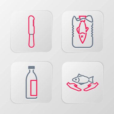 Balık bakımı, losyon kozmetik tüpü okyanus plastik kirliliğini ve tek kullanımlık bıçak ikonunu durdurun. Vektör