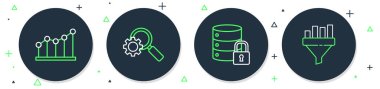 Hat büyüteç ve teçhizat ayarlayın, Kilitli sunucu güvenliği, Pasta grafiği bilgisi ve satış hunisi simgesi. Vektör
