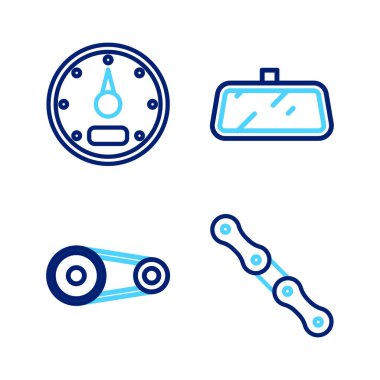 Hat çizgisi araba zinciri, zaman ayarlı kemer kiti, ayna ve hız göstergesi simgesi. Vektör