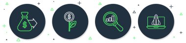 Dolar fabrikası, büyüteç ve analiz hattı, para çantası ve Startup proje simgesi. Vektör