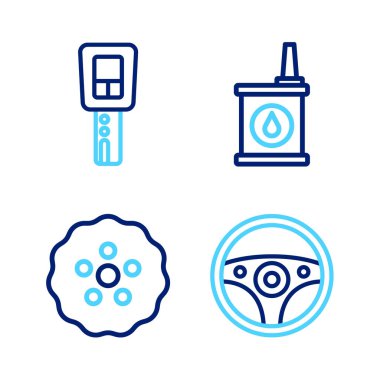 Hat direksiyonu, vites kutusu, motor yağı için teneke kutu ve uzaktan kumandalı araba anahtarı. Vektör