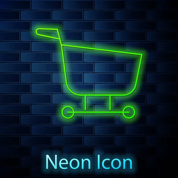 Glowing Neon Line Shopping Cart Icon Isolated Brick Wall Background — Stock Vector