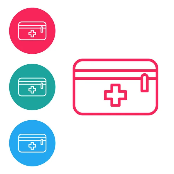 红线急救箱图标隔离在白色背景 有交叉的医疗盒 紧急医疗设备 卫生保健概念 在圆形按钮中设置图标 病媒图解 — 图库矢量图片