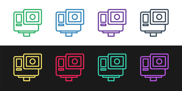 Set line Action extreme camera icon isolated on black and white background. Video camera equipment for filming extreme sports.  Vector.