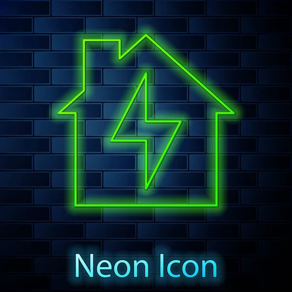 Linea Neon Luminoso Casa Icona Fulmine Isolato Sfondo Muro Mattoni — Vettoriale Stock