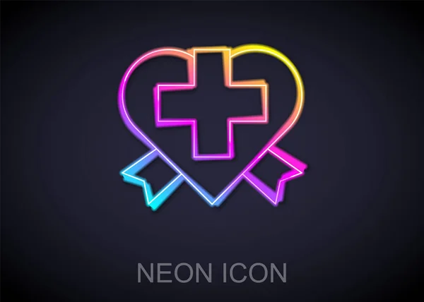 Ragyogó Neon Vonal Szív Egy Kereszt Ikon Elszigetelt Fekete Háttérrel — Stock Vector