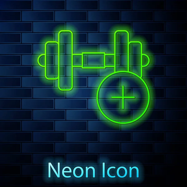 Leuchtende Neon Linie Hantel Symbol Isoliert Auf Backsteinwand Hintergrund Muskelheben — Stockvektor