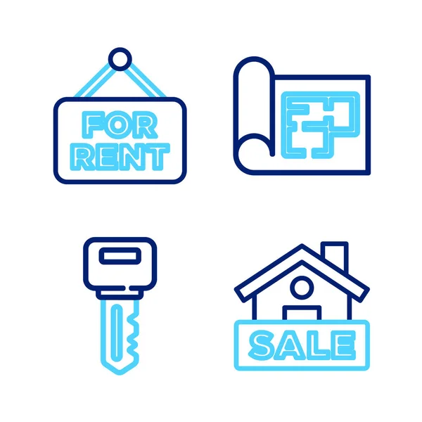 Set Line Hanging Sign Sale House Key Plan Rent Icon — Stock Vector
