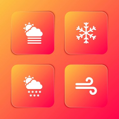 Sis ve bulutu güneş, kar tanesi, bulut karı ve rüzgar ikonu ile ayarla. Vektör.