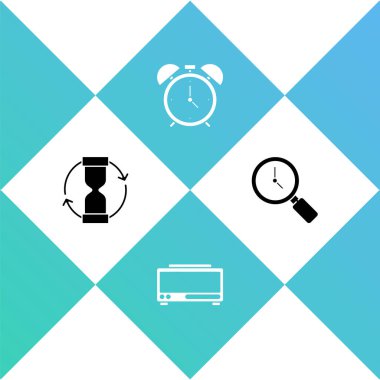 Eski kum saatini, dijital alarm saatini, Alarm 'ı ve ikonlu büyüteci ayarla. Vektör.