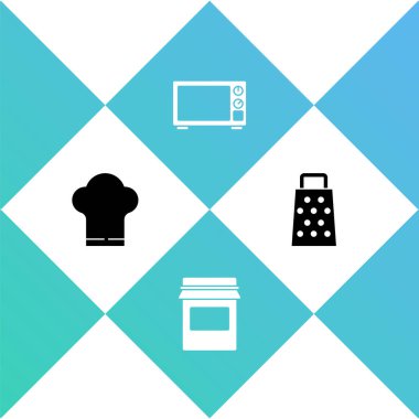 Şef şapkası, reçel kavanozu, mikrodalga fırın ve rendeleyici ikonu hazırla. Vektör.