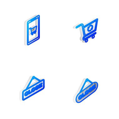 Isometric Line Refresh alışveriş sepetini, Mobil 'i ve yakın ve simgeli asma işaretini ayarla. Vektör.