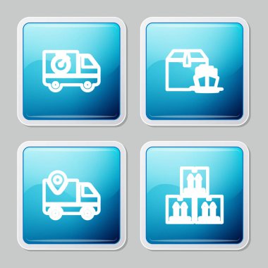 Hat teslimat kamyonu, kronometre, kutulu kargo gemisi, takip ve karton trafik ikonu. Vektör.