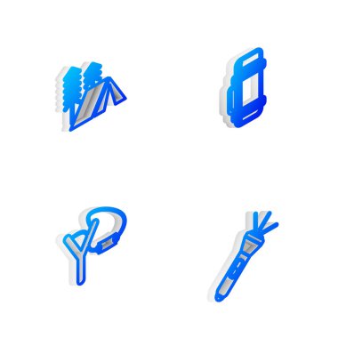 Isometric hattı termos konteynırı, turist çadırı, sapan ve fener ikonu ayarla. Vektör.