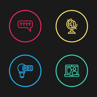 Yaratıcı lamba ışığı fikri, yabancı dil çevrimiçi çalışması, Dünya küresi ve soru ikonlu konuşma baloncukları. Vektör