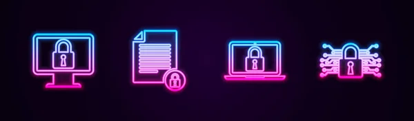 Stel Lijn Lock Monitor Document Slot Laptop Cyber Beveiliging Een — Stockvector