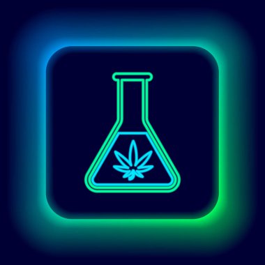 Esrar ya da kenevir yaprağı simgesiyle siyah arkaplanda parlayan neon hattı test tüpü. Araştırma konsepti. Laboratuvar CBD yağ konsepti. Renkli taslak konsepti. Vektör