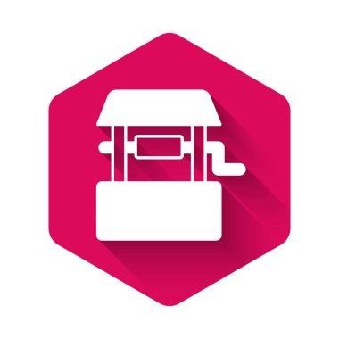 Beyaz Kuyu simgesi uzun gölge arkaplan izole. Pembe altıgen düğmesi. Vektör