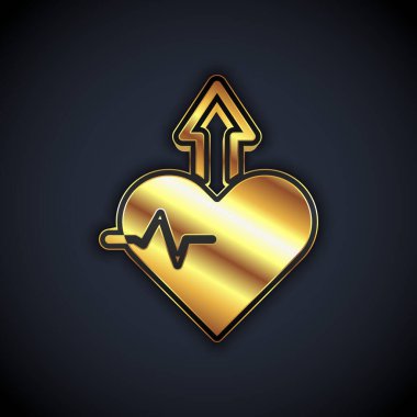 Gold Heartbeat increase icon isolated on black background. Increased heart rate.  Vector
