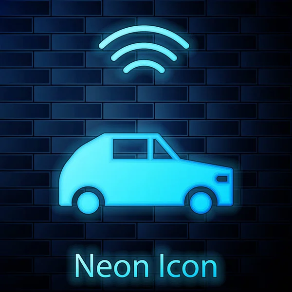 Duvarda Kablosuz Bağlantı Ikonu Olan Parlak Neon Akıllı Araba Sistemi — Stok Vektör