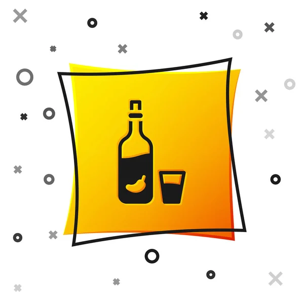 黑色伏特加与胡椒和玻璃图标隔离在白色背景 乌克兰民族酒精 黄色方块按钮 — 图库矢量图片