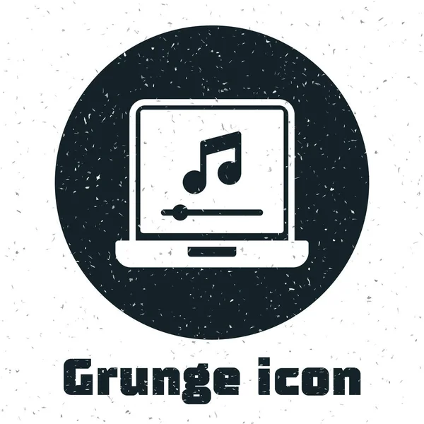 Grunge Laptop Music Note Symbol Screen Icon Isolated White Background — Vetor de Stock
