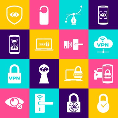 Asma kilidi saat, Smart car güvenlik sistemi, VPN Network bulut bağlantısı, Bezier eğrisi, dizüstü bilgisayar şifresi ve mobil ile ayarla ve yüz tanıma simgesine bak. Vektör