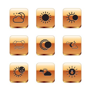 Bulut 'u ay ve yıldızlarla, Güneş tutulmasını, Güneş bulutu havasını, gün batımını ve ikonu ile batır. Vektör