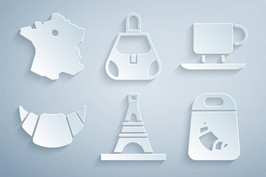 Eyfel kulesi, kahve fincanı, kruvasan, paket, el çantası ve Fransa haritası ikonu hazırla. Vektör