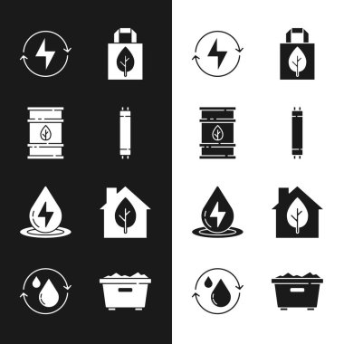Floresan lamba, biyoyakıt varili, yıldırım, geri dönüşümlü alışveriş torbası, su, çevre dostu ev, çöp kutusu ve temiz su ikonunu ayarla. Vektör