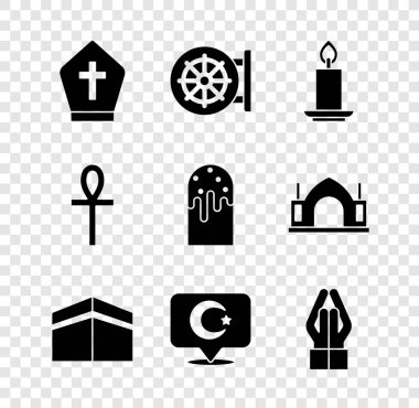 Papa şapkası, Dharma çarkı, yanan mum, Kabe camisi, Yıldız hilal, Eller dua pozisyonu, Haç Ankh ve Paskalya pastası ikonu. Vektör