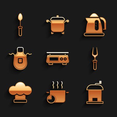Elektronik teraziler, tencere, manuel kahve öğütücüsü, barbekü çatalı, şef şapkası, mutfak önlüğü, elektrikli su ısıtıcısı ve çay kaşığı ikonu. Vektör
